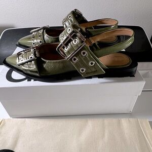 Ganni chunky buckle ballerina flat green kalamata size 37 NWT